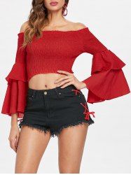 Haut Nombril Exposé Plissé à Manche de Cloche -  