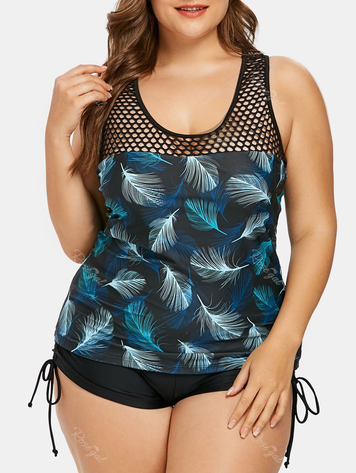 

Leaf Fishnet Plus Size Tankini Set, Black