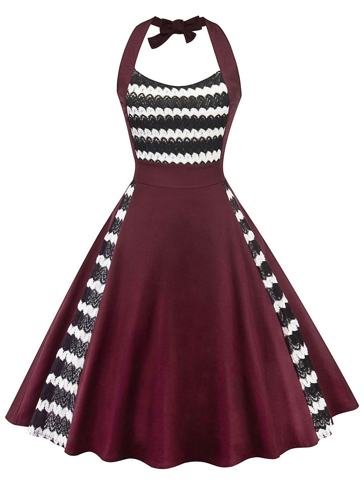 

Vintage Lace Insert Halter Swing Dress, Red wine