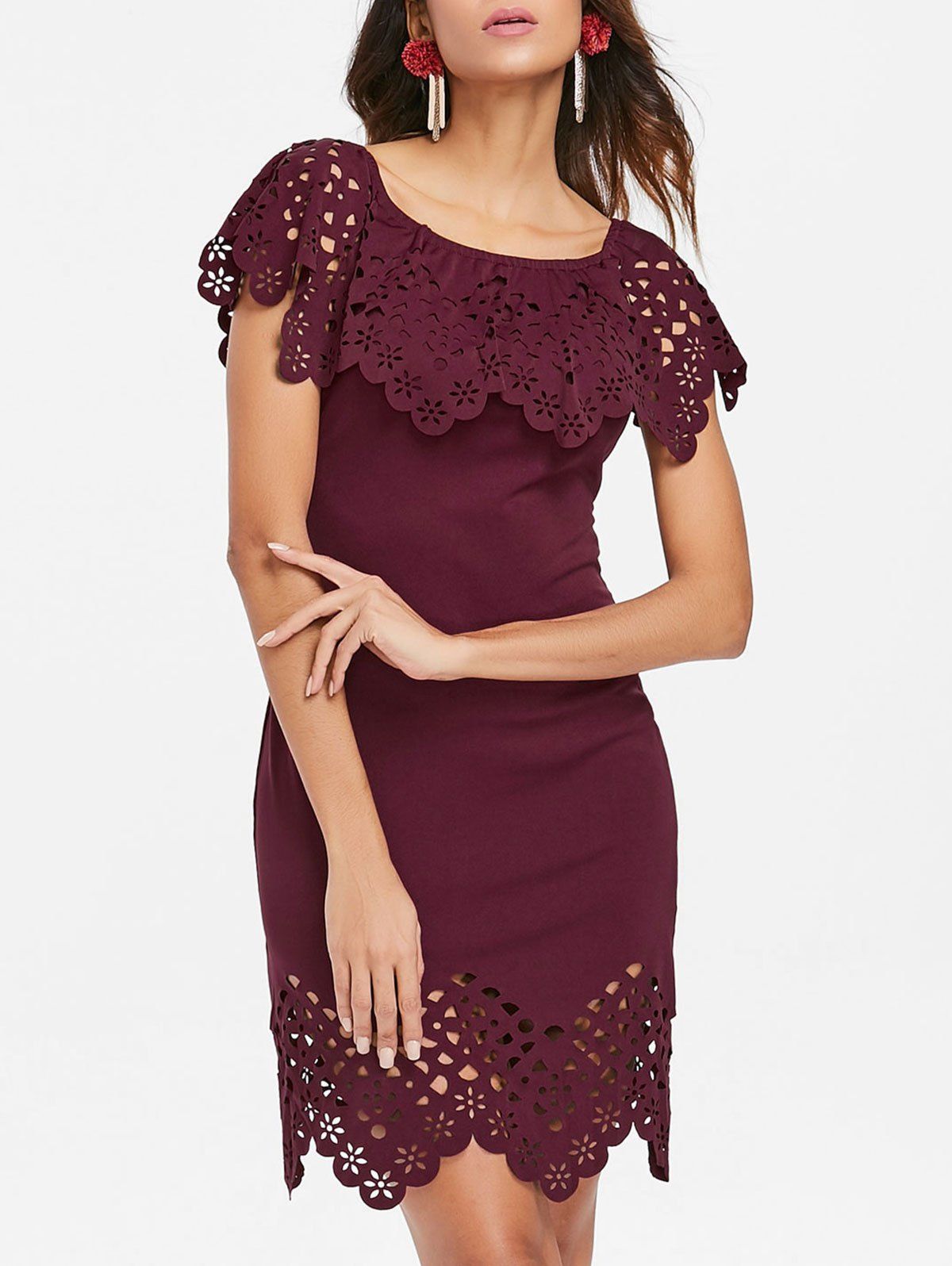 

Laser Cut Ruffle Bodycon Dress, Red wine