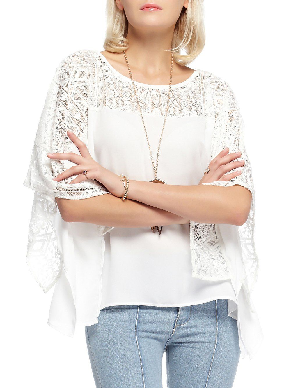 

Lace Round Neck Batwing Sleeve Loose Blouse, White