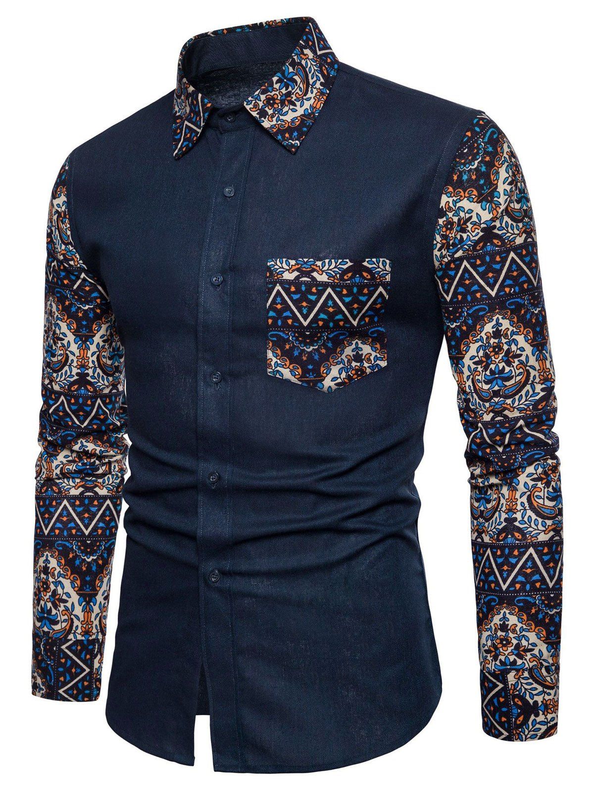 

Floral Blue Patchwork Button Up Long Sleeve Shirt, Midnight blue