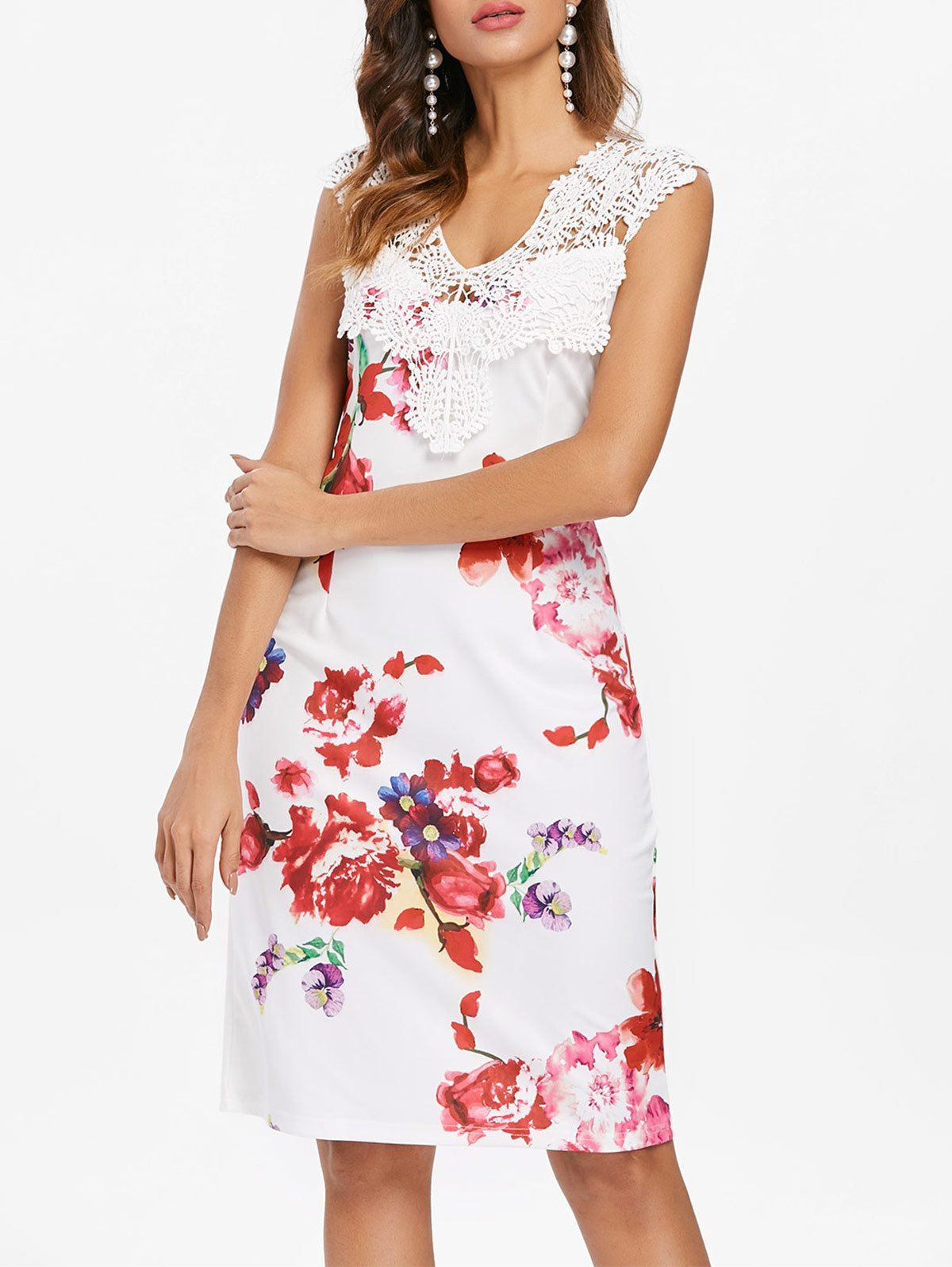 

Floral Print Applique Pencil Dress, White