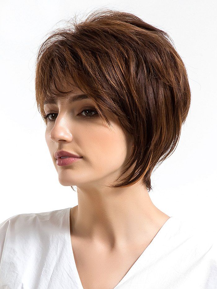 

Short Side Bang Straight Human Hair Wig, Coffee
