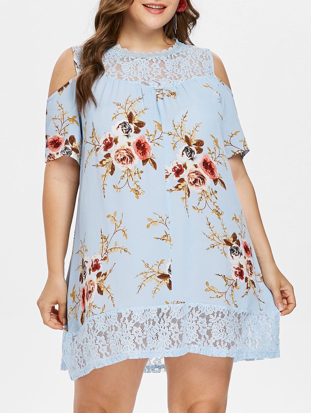 

Plus Size Floral Print Cold Shoulder Dress, Day sky blue