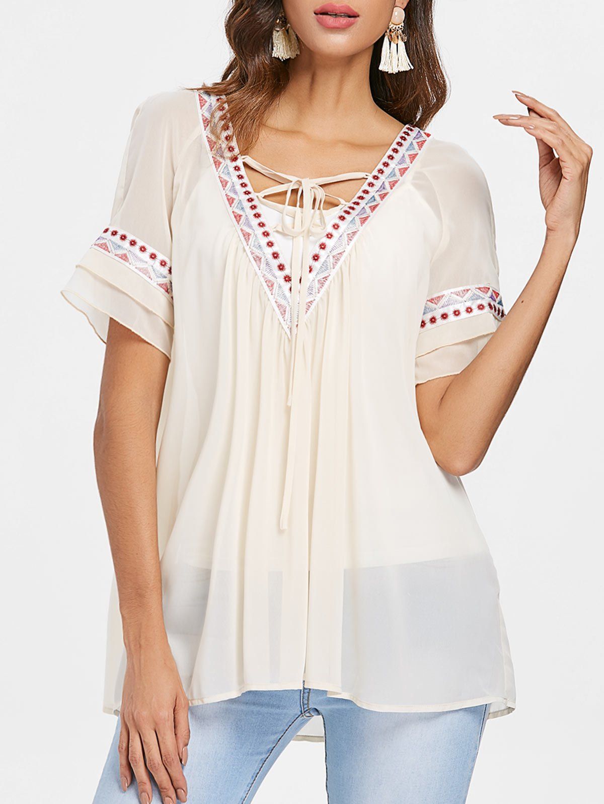 

Lace Up Collar Embroidery Chiffon Blouse, Warm white