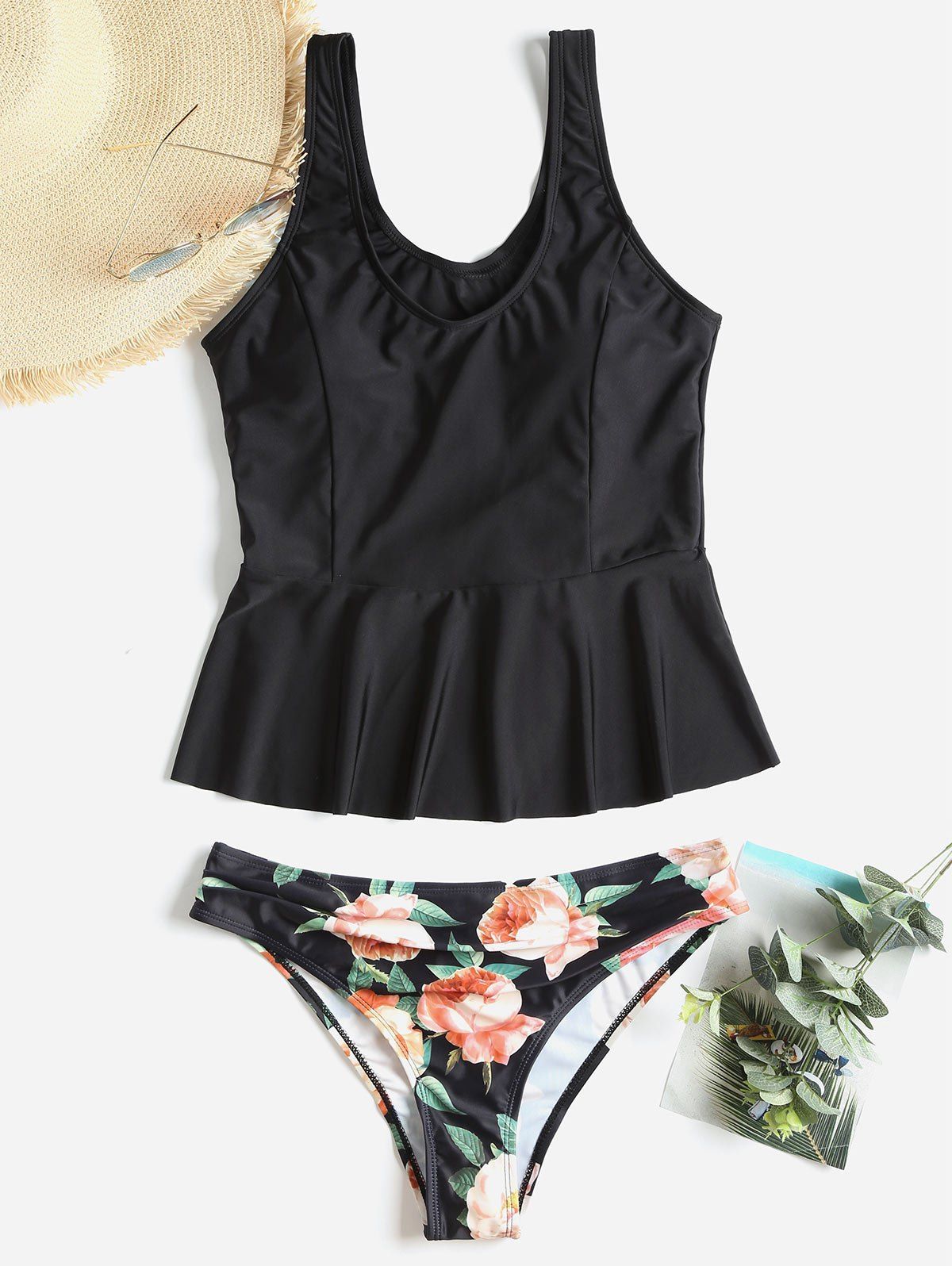 

Peplum Flounce Flower Tankini, Black