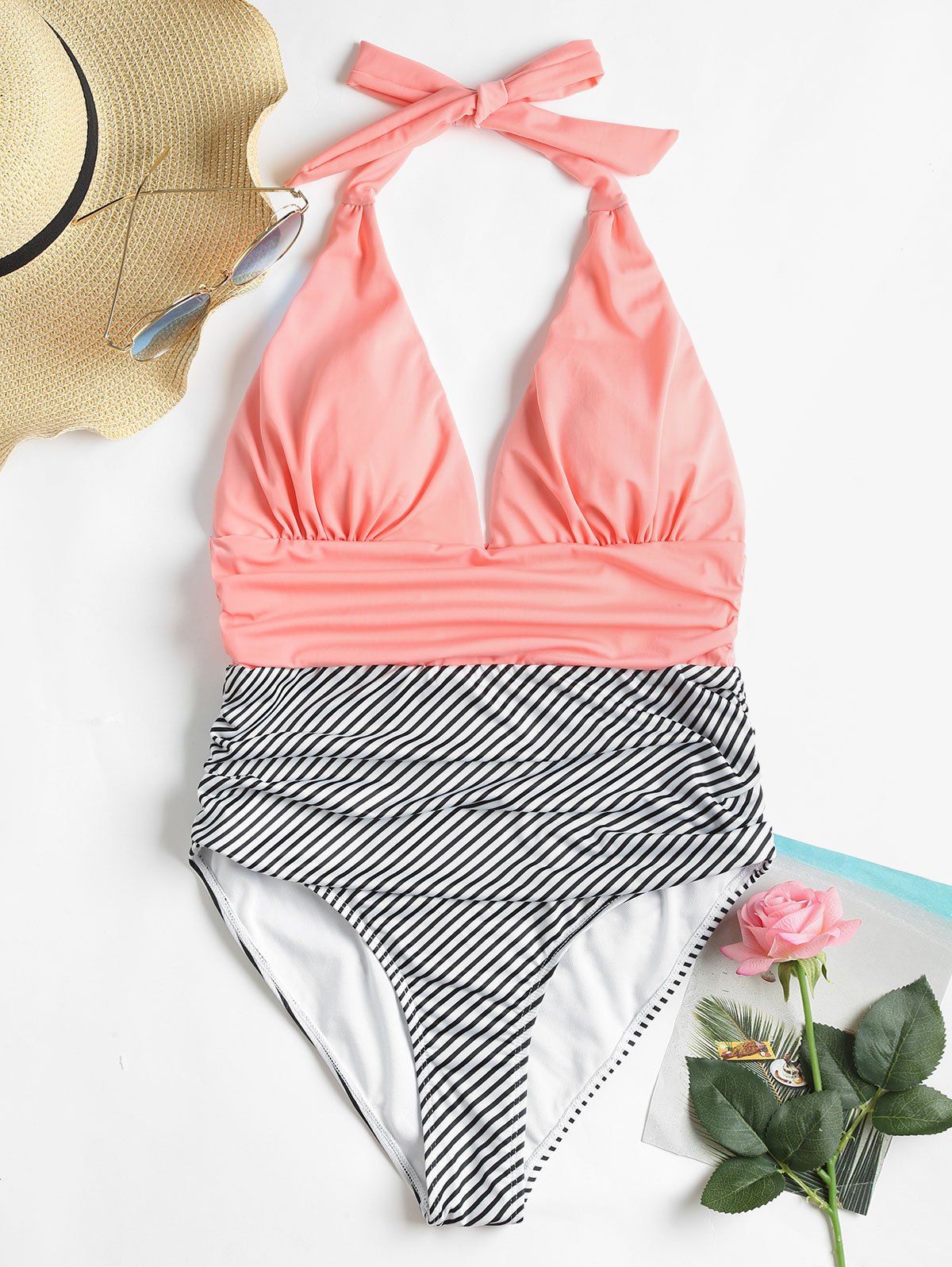 

High Cut Striped Backless Swimsuit, Orange pink
