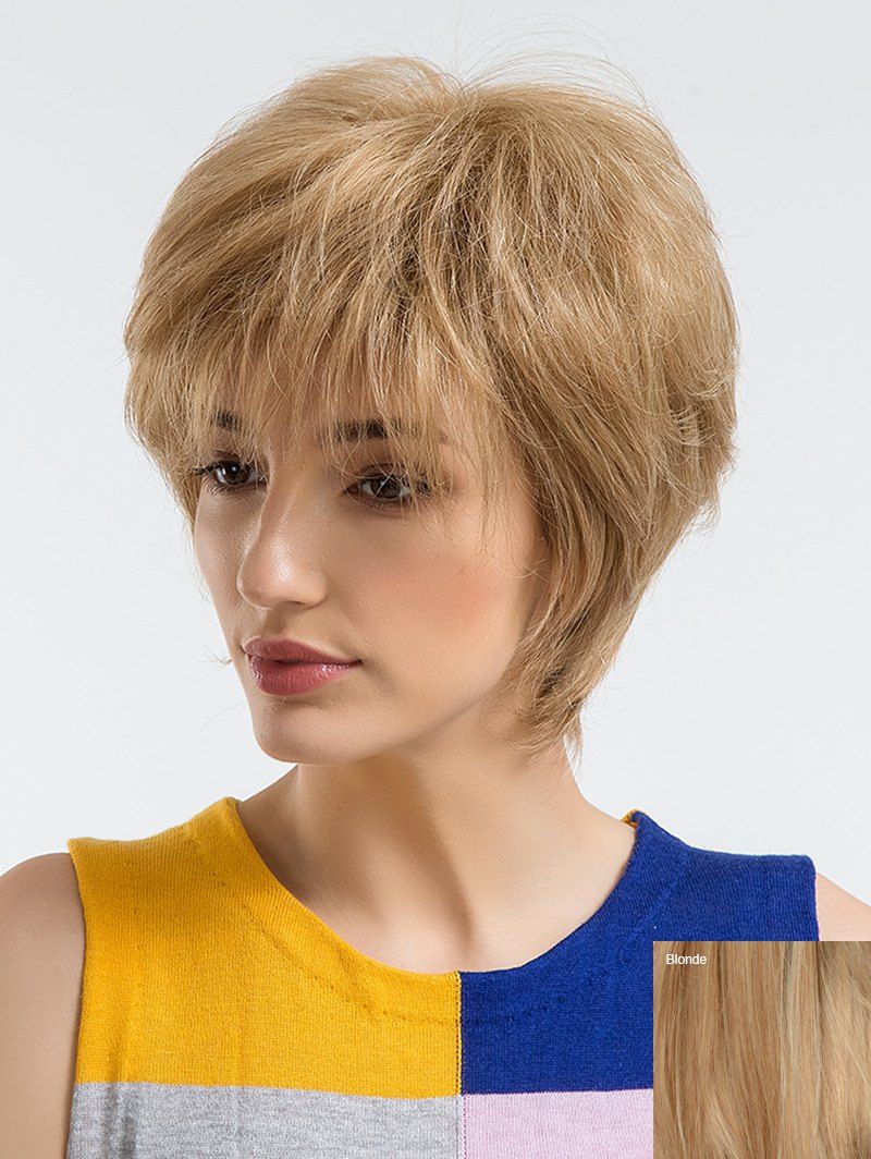 

Short Side Bang Straight Human Hair Wig, Multi-c