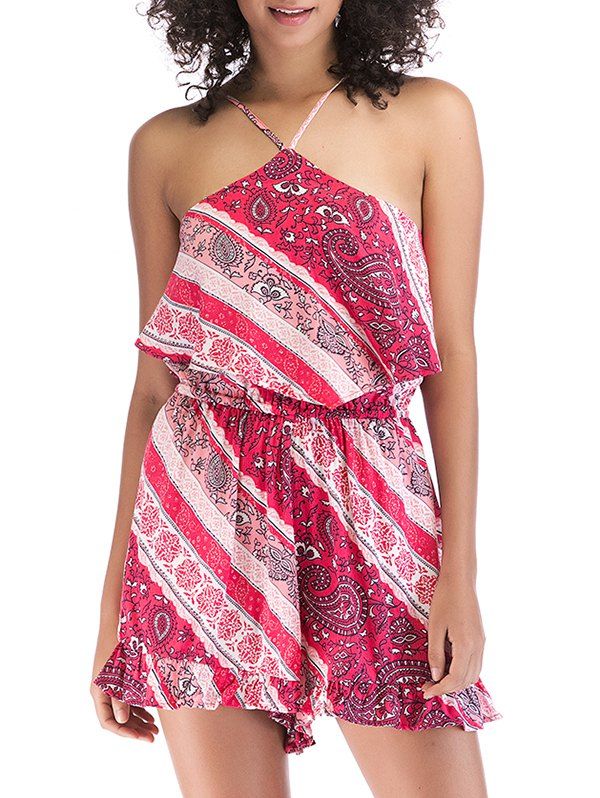 

Spaghetti Strap Ruffle Tribal Print Romper, Deep pink