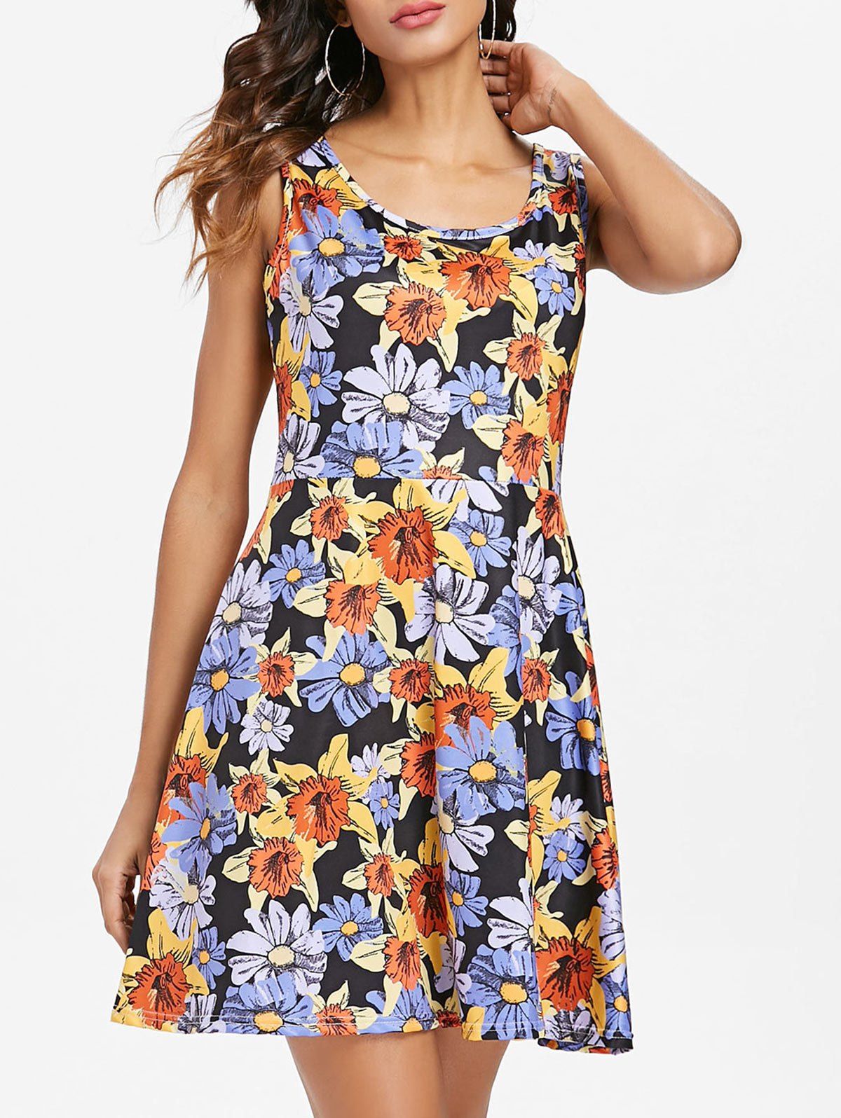 

Floral Pattern Round Neck Fit and Flare Dress, Multi
