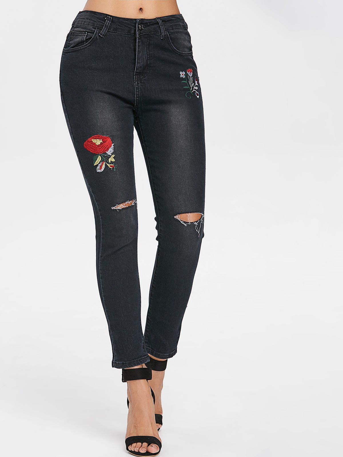 

Flower Embroidery Fit Ripped Jeans, Black