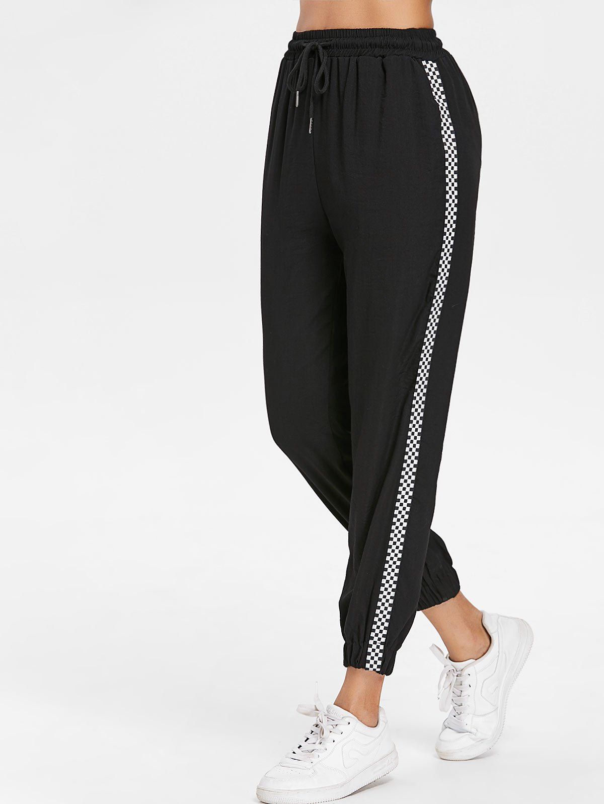

Checked Strap Side Casual Pants, Black
