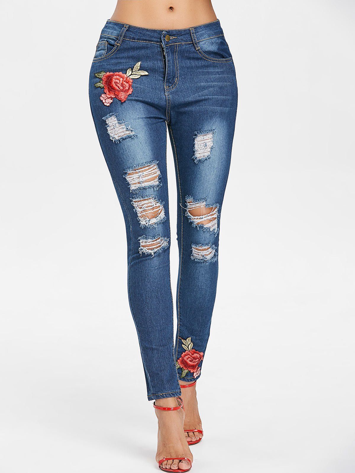 [37% OFF] Floral Embroidery Slim Ripped Jeans | Rosegal