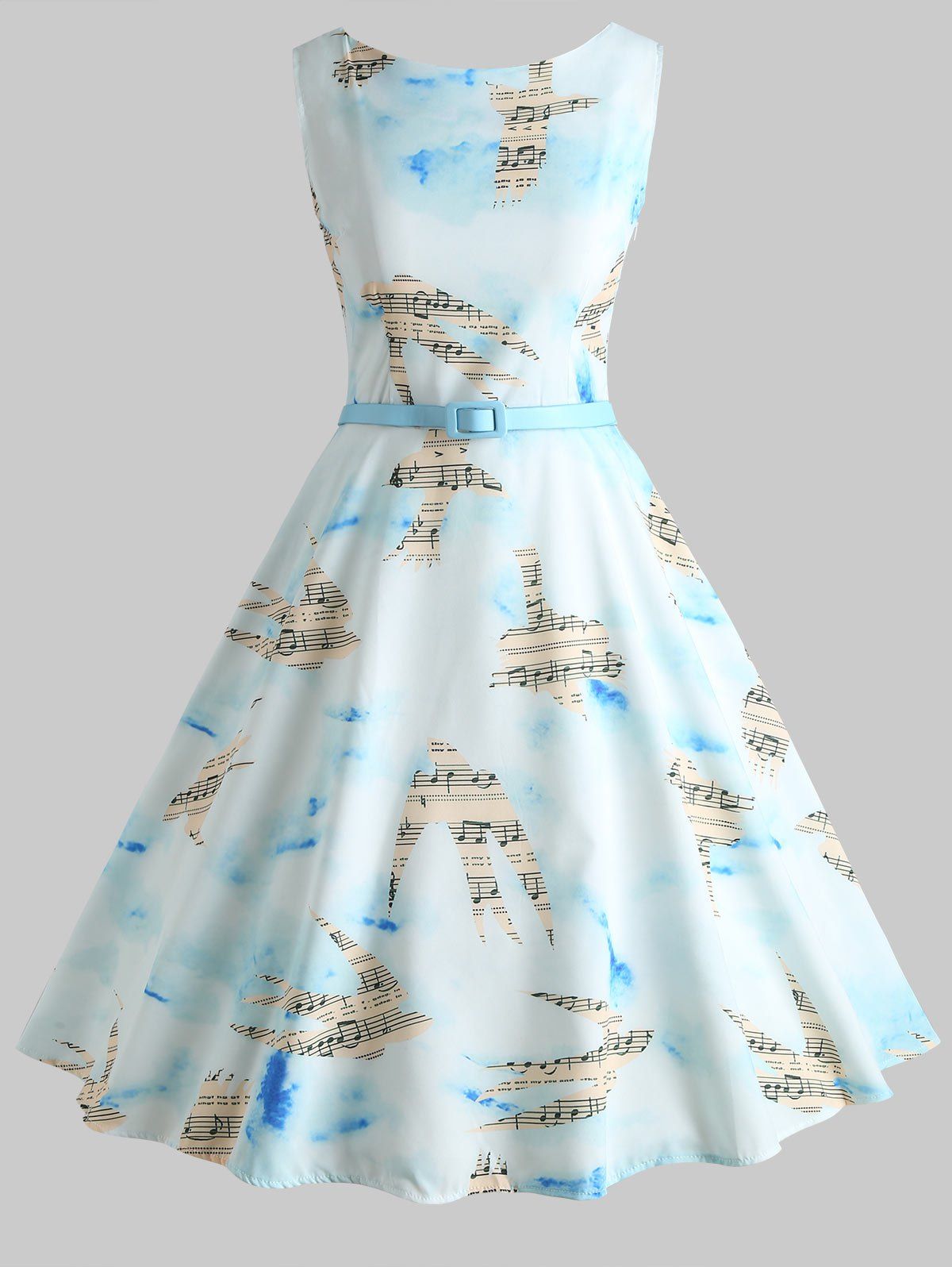 

Musical Notes Birds Print Vintage Dress, Light sky blue