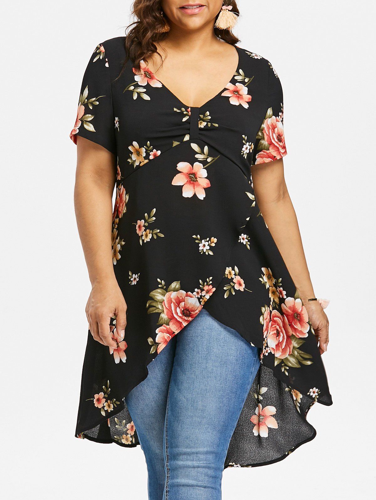 

Plus Size Empire Waist Floral Tulip Blouse, Black