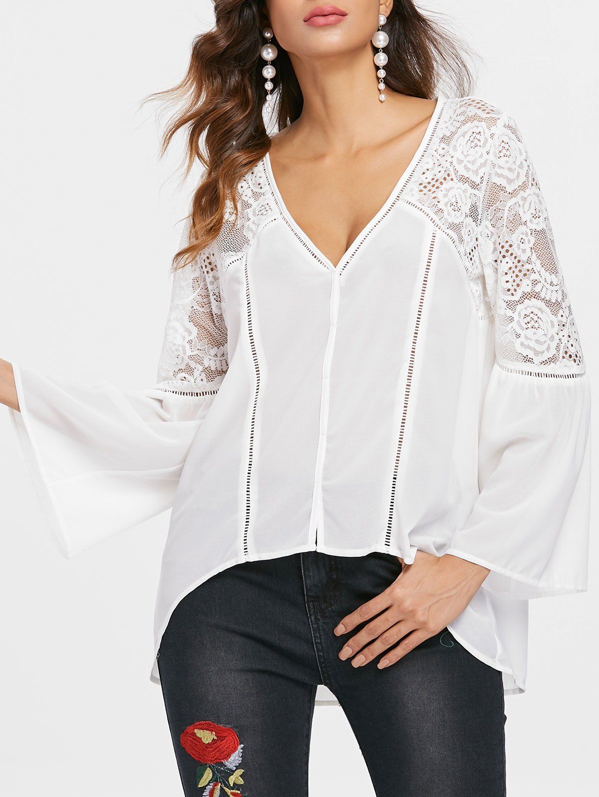 

Sheer Lace Insert Flare Sleeve Blouse, White