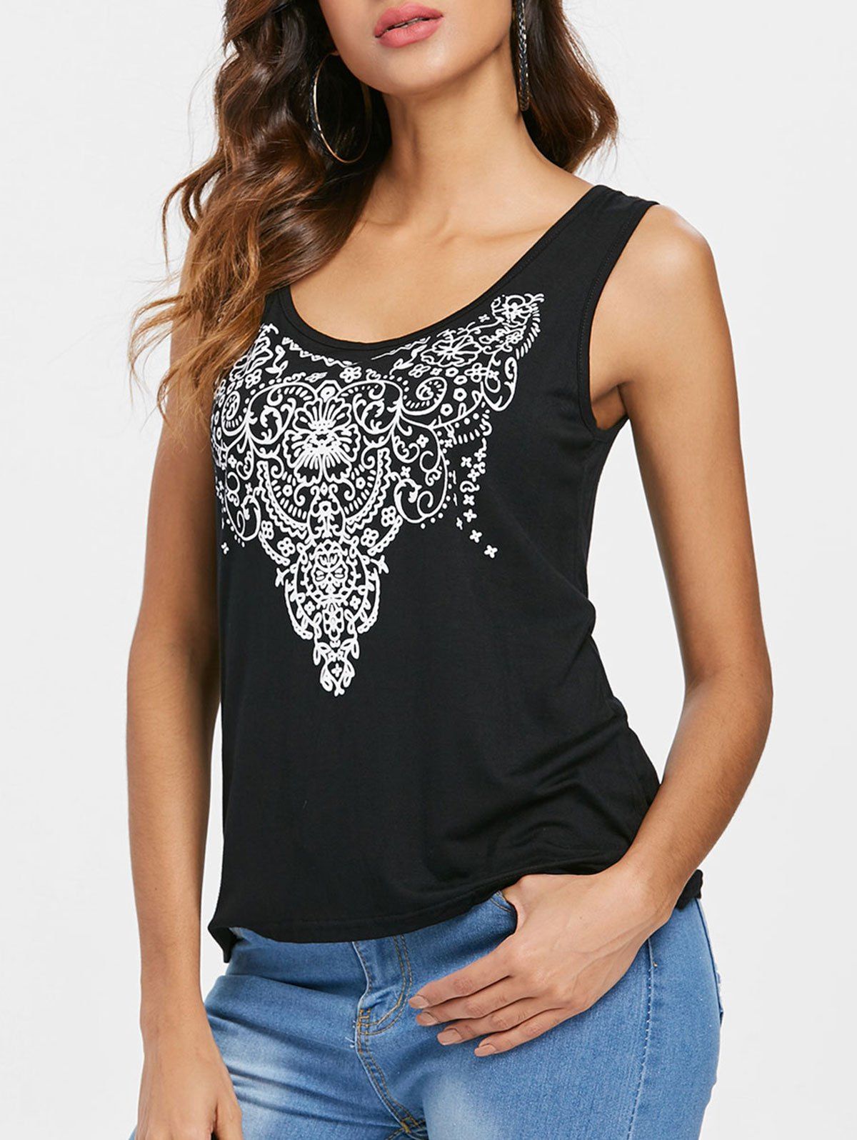 

Ethnic Print Tank Top, Black