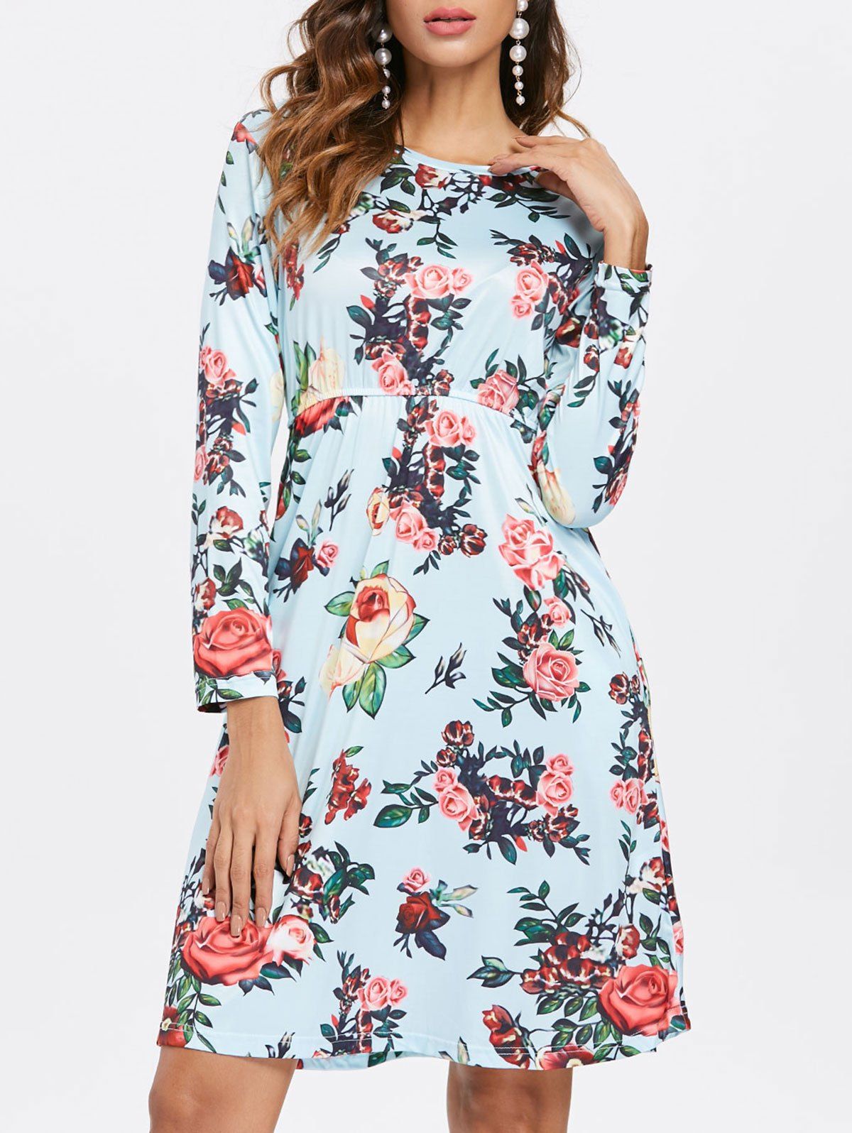 

Long Sleeve Floral Print Dress, Pale blue lily