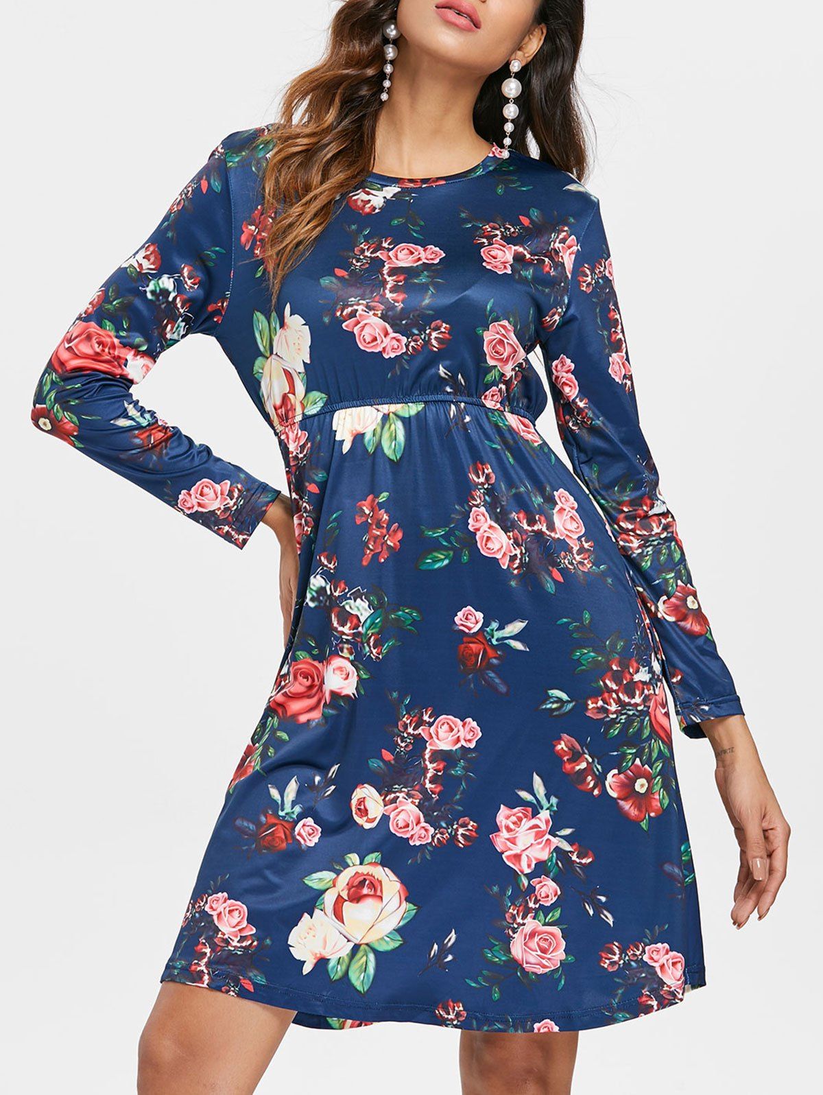 

Long Sleeve Floral Print Dress, Deep blue