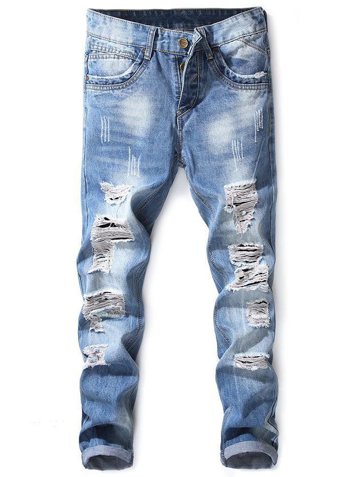 

Ripped Distressed Button Placket Jeans, Baby blue