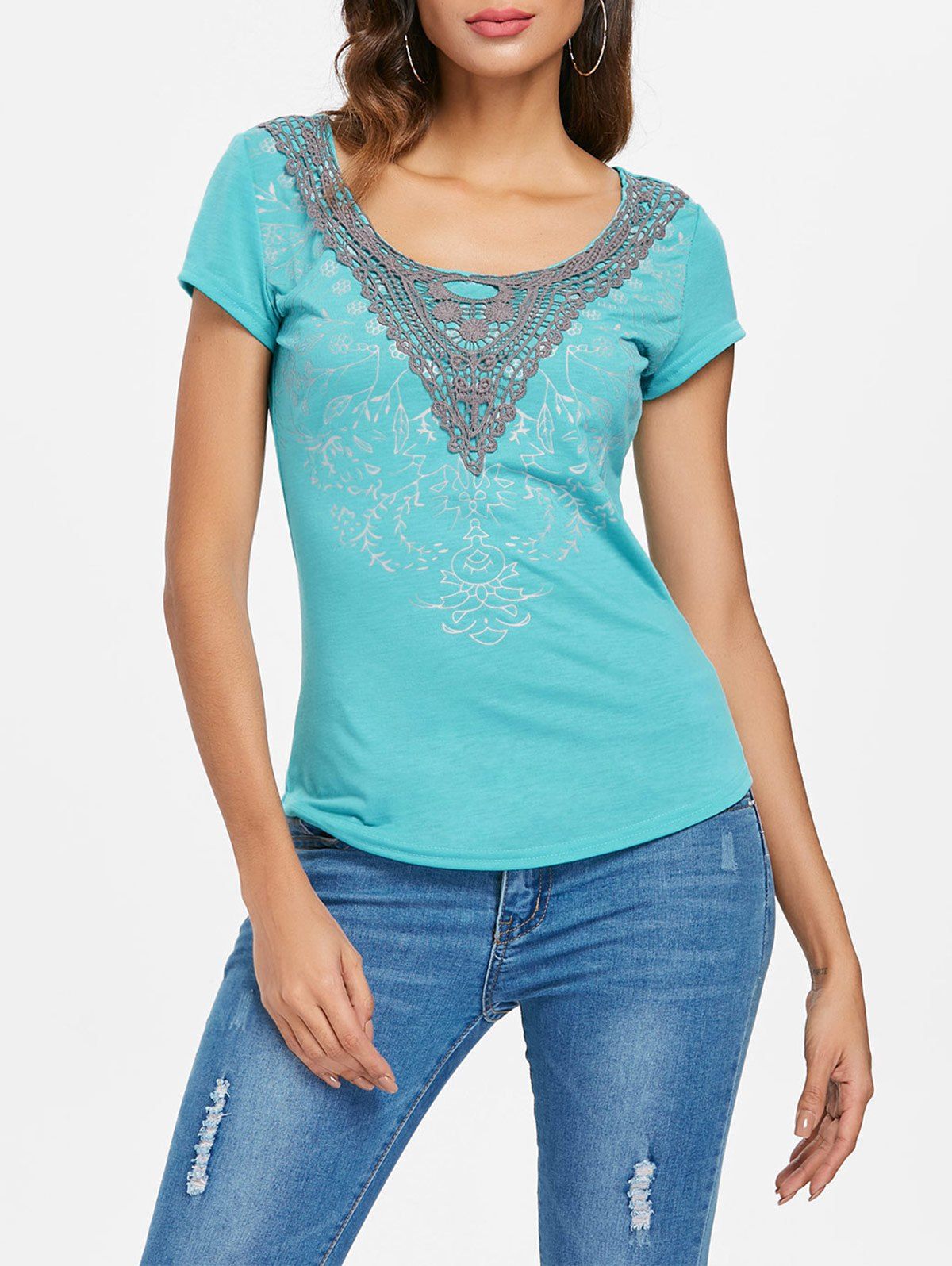 

Scoop Neck Applique T-shirt, Blue lagoon