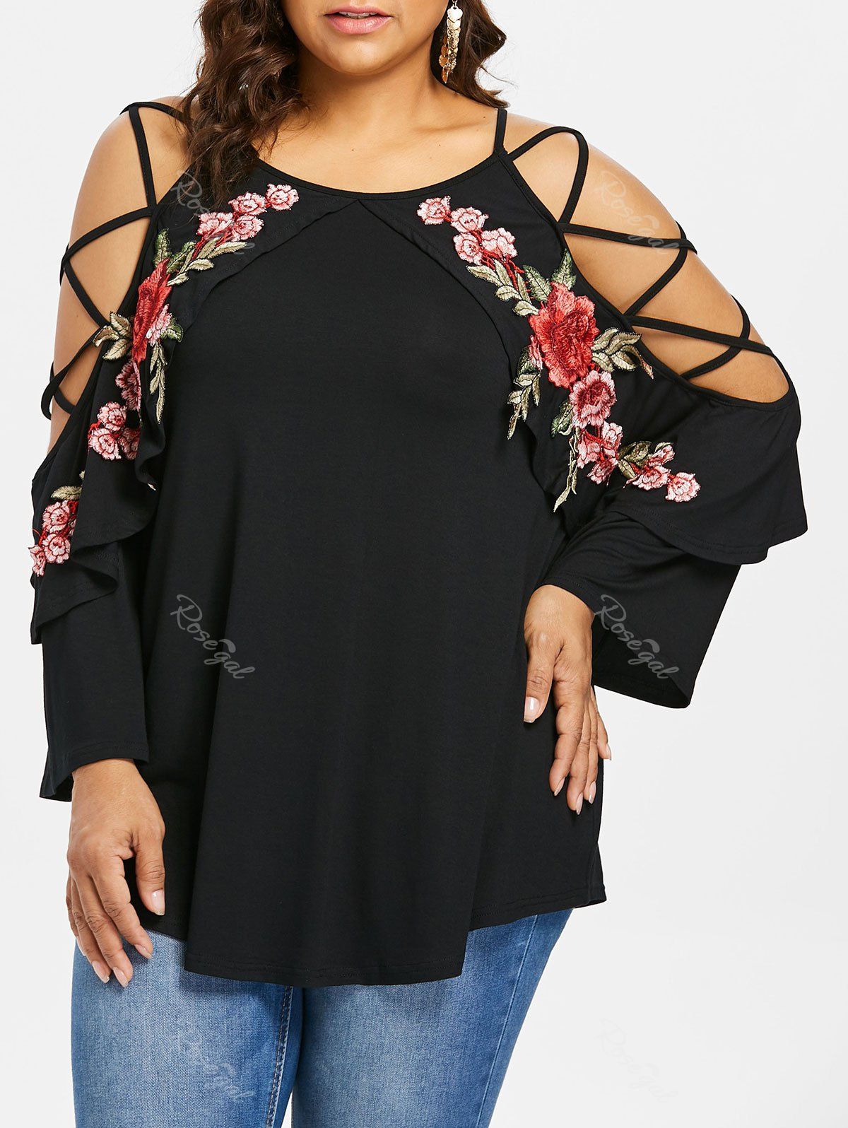 

ROSEGAL Plus Size Embroidery Applique Lattice Sleeve T-shirt, Black