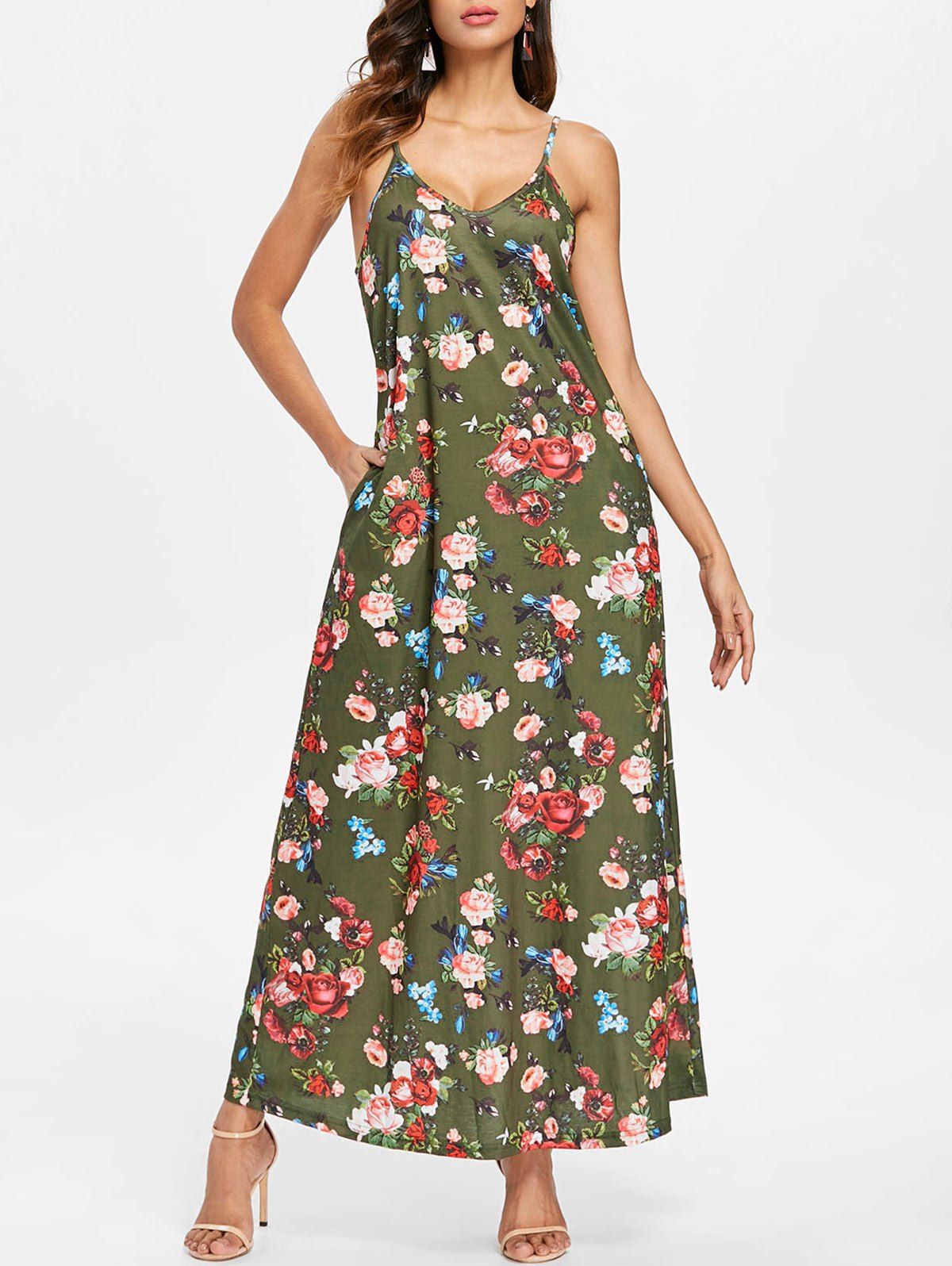 

Floral Print Front Pocket Maxi Dress, Camouflage green