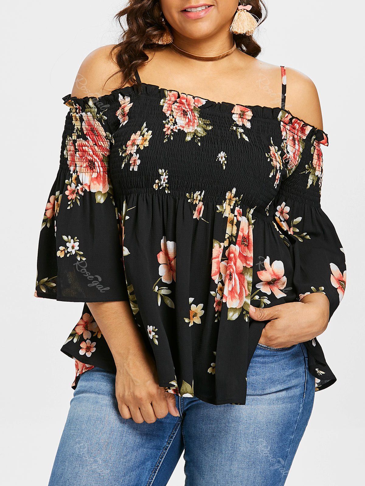 

Plus Size Cold Shoulder Floral Blouse, Black