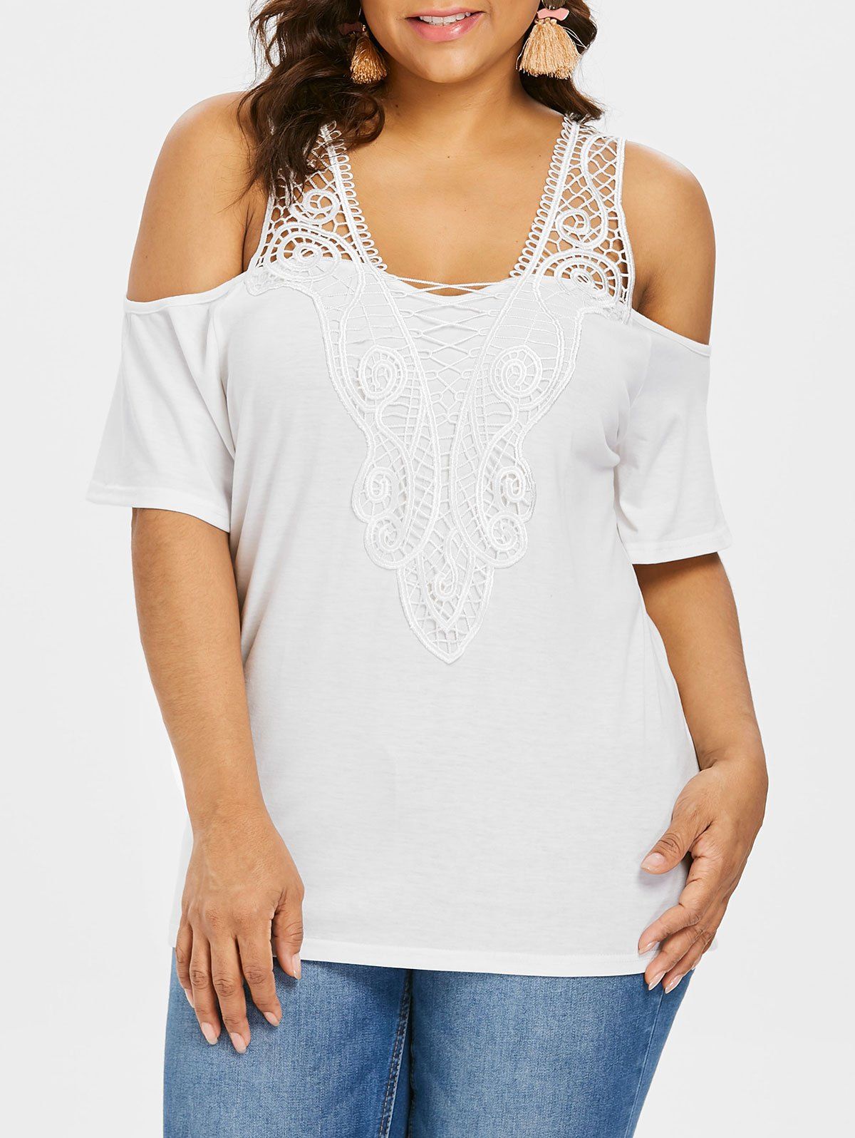 

Plus Size Open Shoulder Lace Insert Top, White