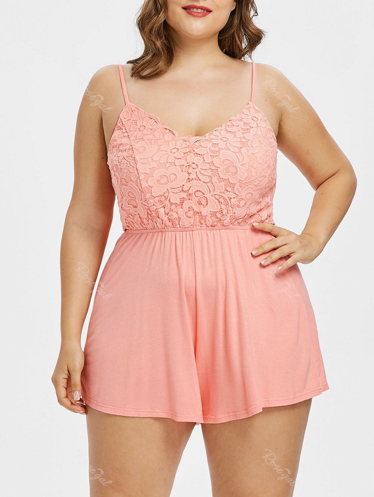 [28% OFF] Plus Size Lace Panel Scalloped Romper | Rosegal