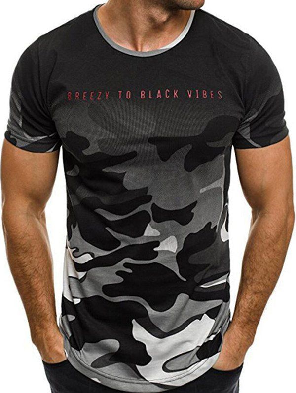 

Camo Letter Print Crew Neck T-shirt, Gray