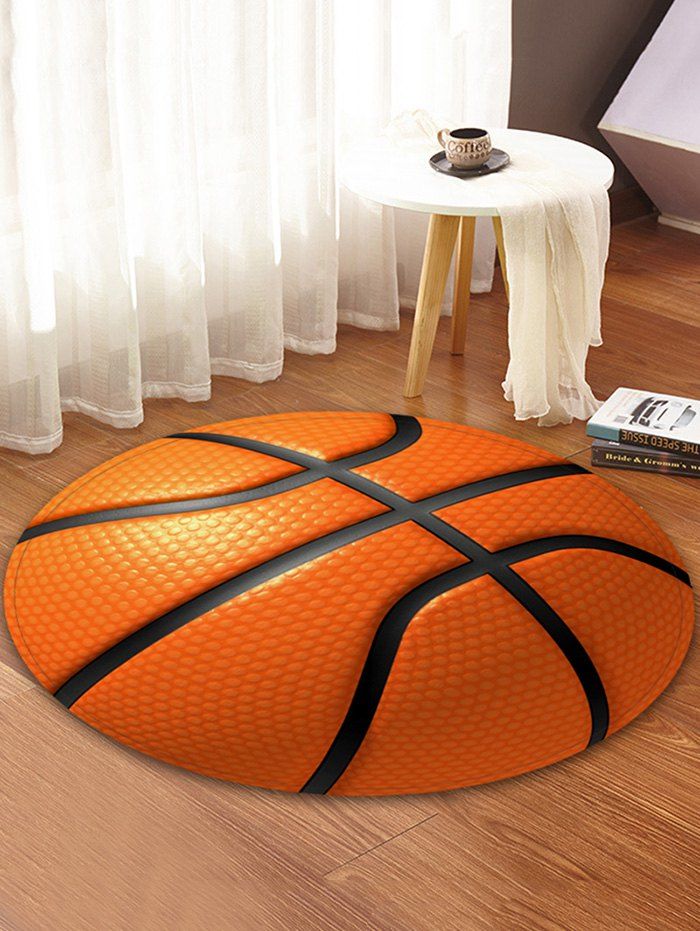 

3D Basketball Printed Round Coral Fleece Floor Mat, Orange