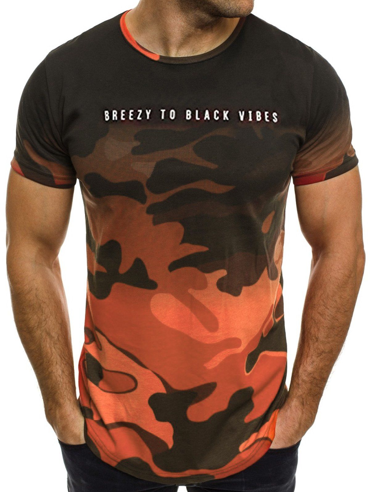 

Camo Letter Print Crew Neck T-shirt, Chestnut red