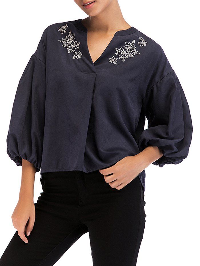 

Vintage Embroidery Lantern Sleeve Top, Deep blue