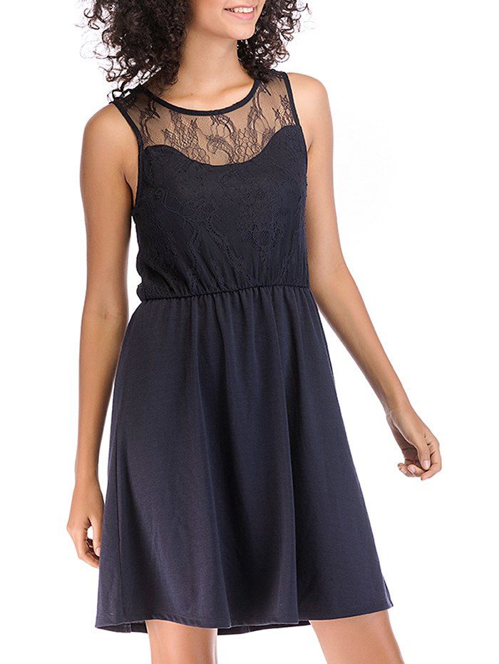

Lace Round Neck Pleated Evening Sleeveless Dress, Deep blue