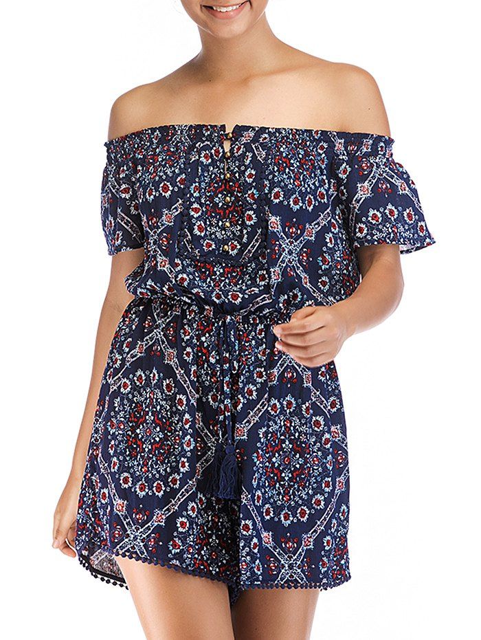 

Elastic Waistband Off The Shoulder Printed Romper, Multi-a