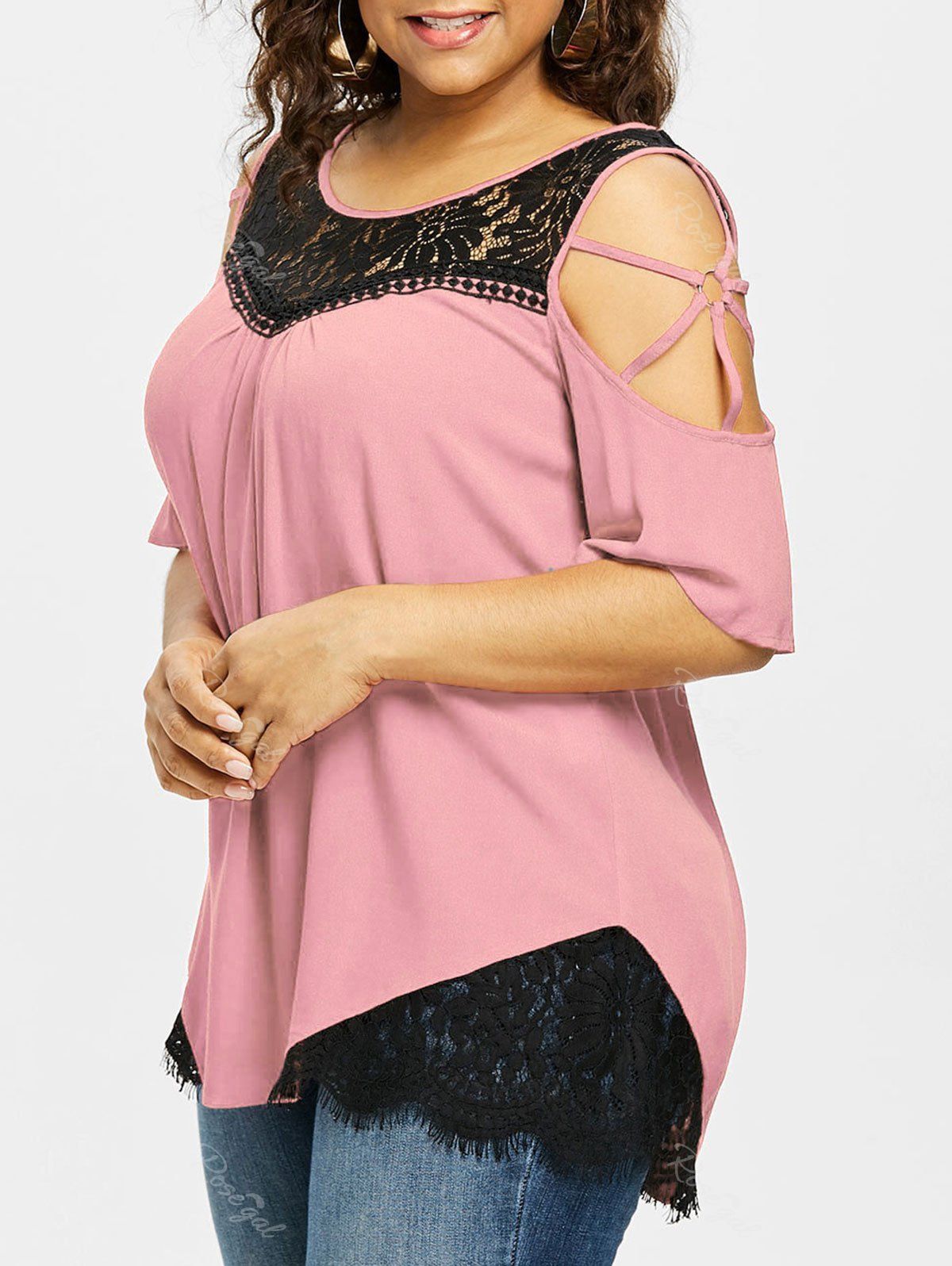 

Plus Size Cutout Contrast Lace Trim T-shirt, Light pink