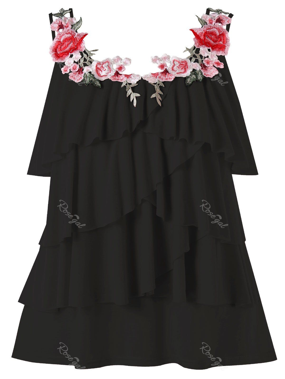 

Plus Size Embroidery Tiered Ruffle Tank Top, Black