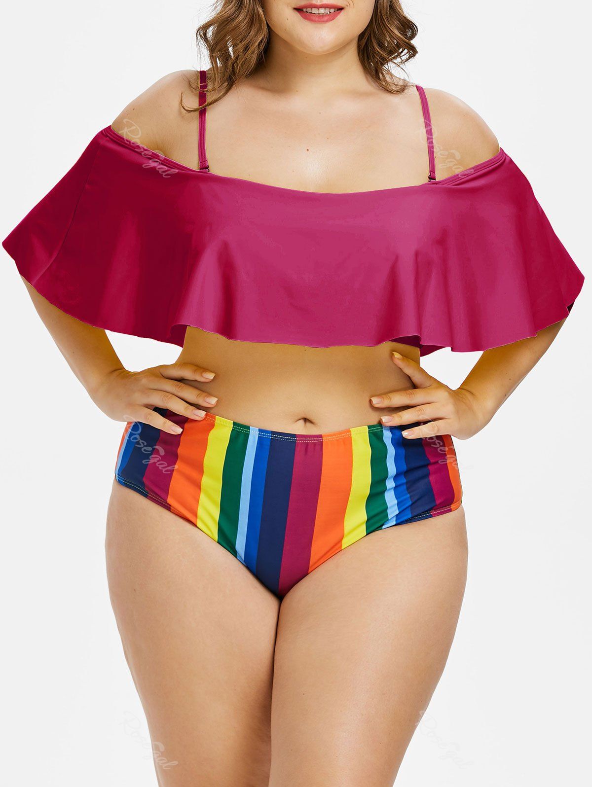 

Plus Size Rainbow Flounce Bikini Set, Rose red