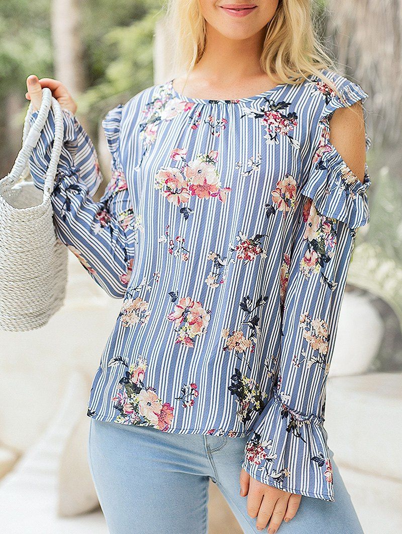 

Striped Print Ruffle Cold Shoulder Blouse, Blue koi