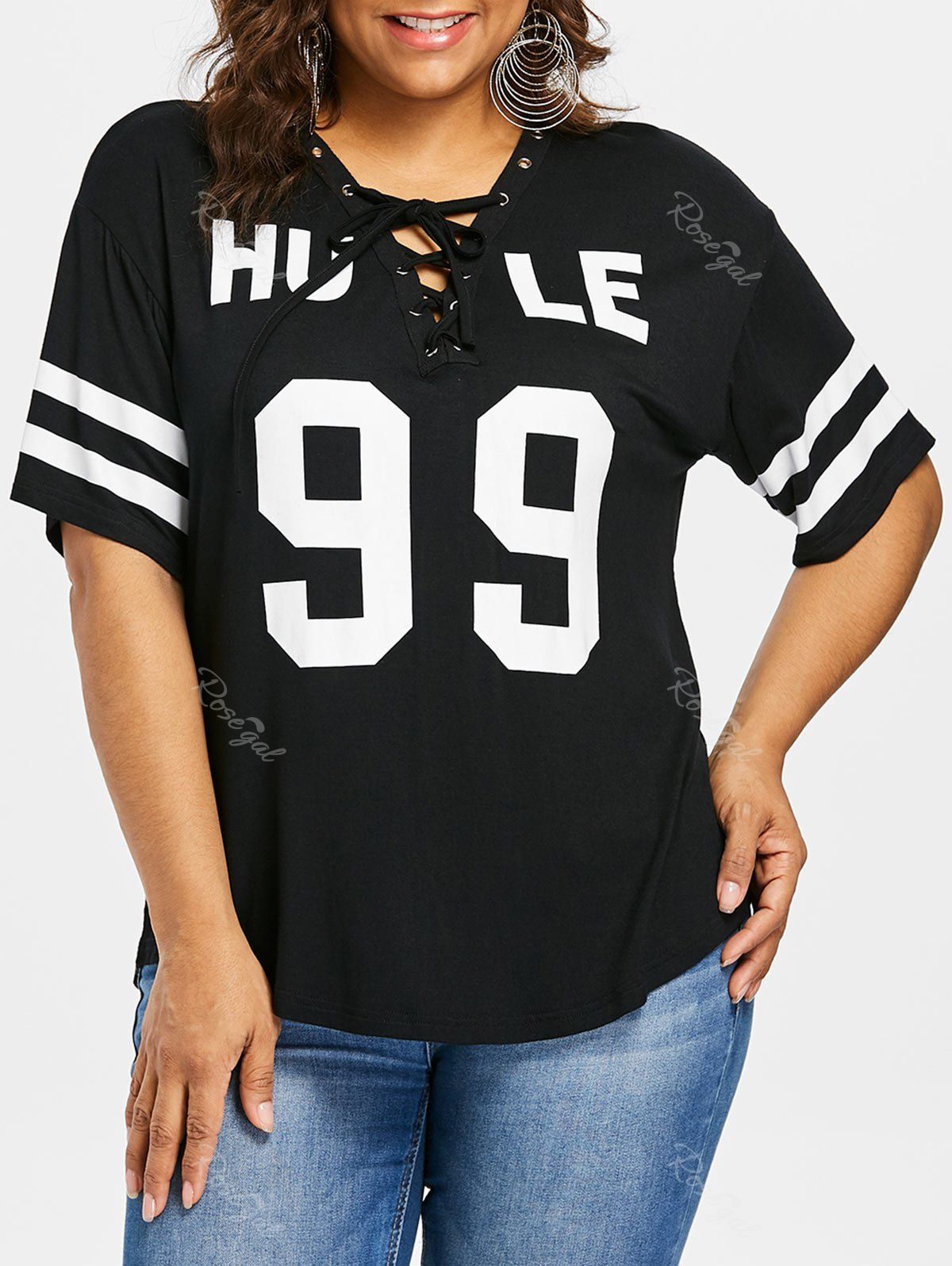 

Plus Size Lace Up Double Stripe T-shirt, Black