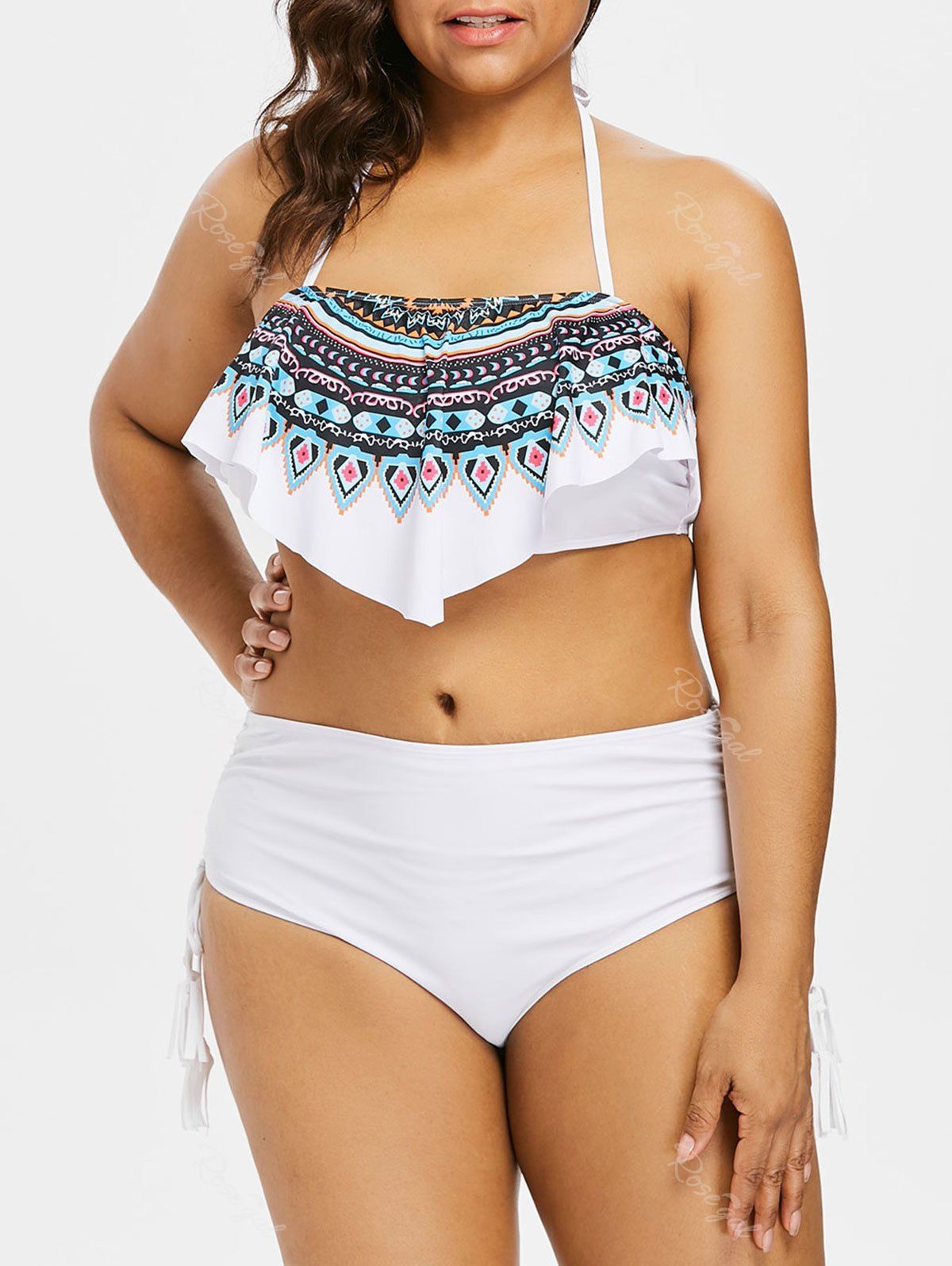 Fancy Plus Size Tribal Print Halter Overlay Bikini Set  