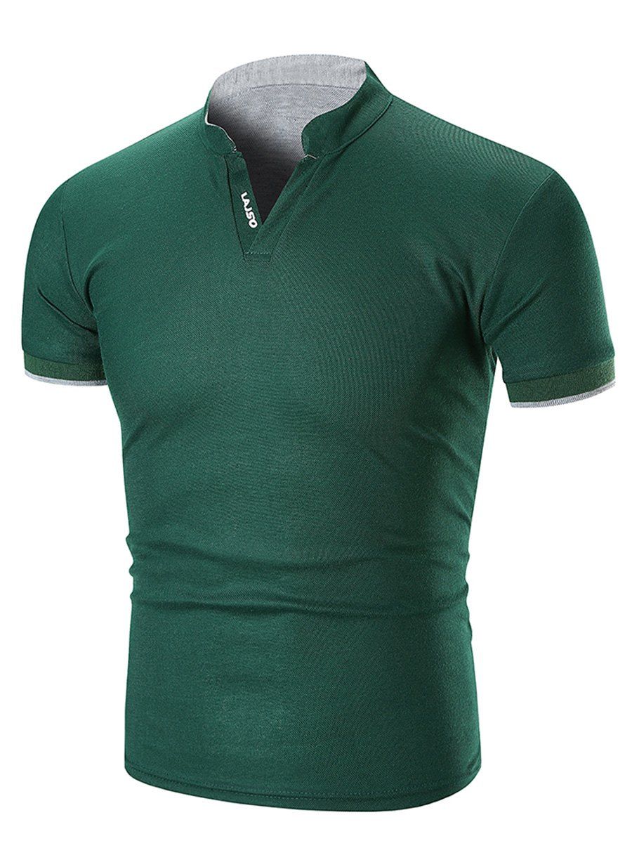 

Letter Print Stand Collar Slim Fit T-shirt, Green