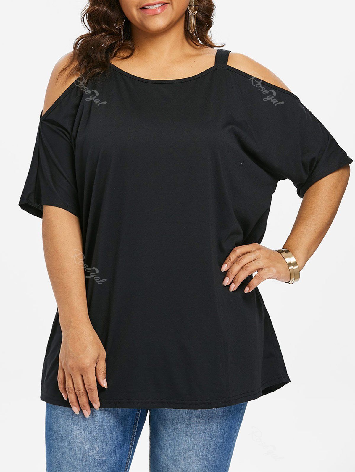 

Plus Size Casual Cold Shoulder T-shirt, Black