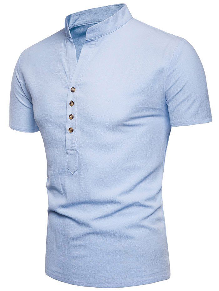 

Stand Collar Button Design Notch Neck T-shirt, Light sky blue