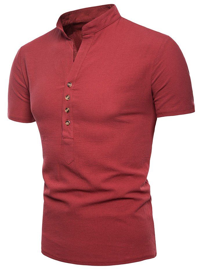 

Stand Collar Button Design Notch Neck T-shirt, Chestnut red