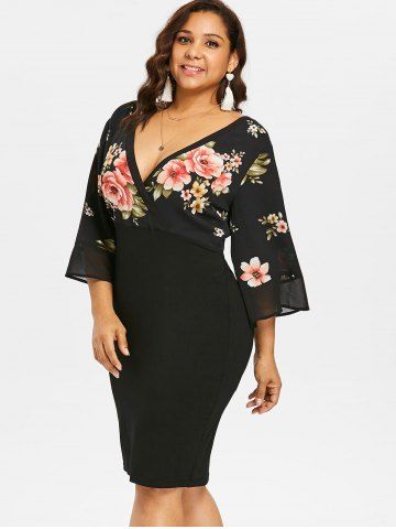 

Plus Size Print Surplice Bodycon Dress, Black