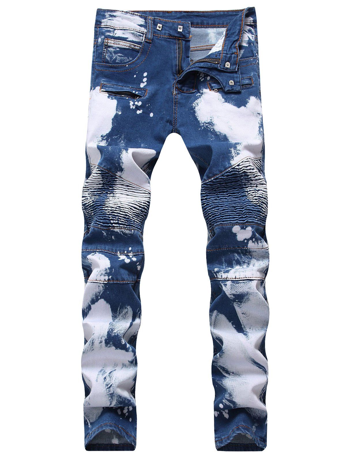 

Hook Button Paint Splatter Print Straight Leg Jeans, Deep blue