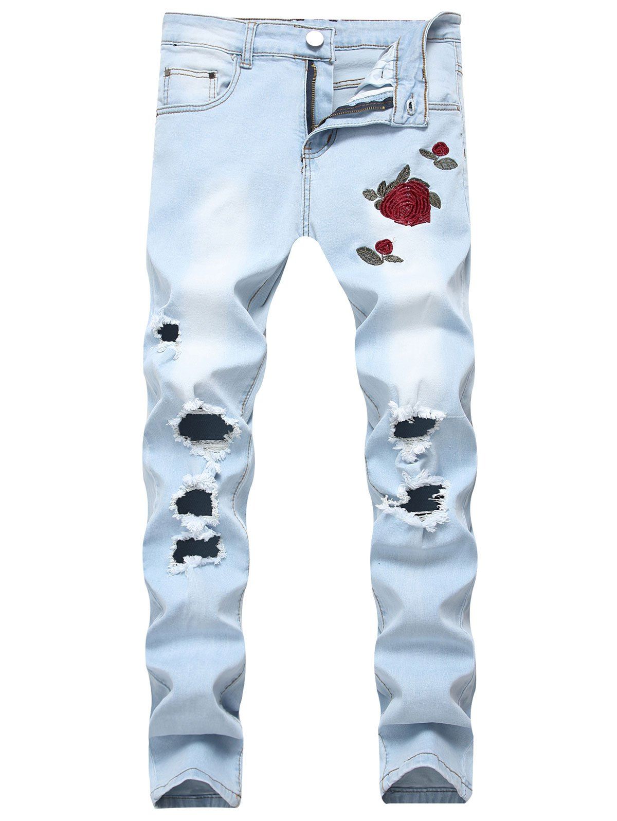 

Flowers Embroidery Ripped Hole Jeans, Jeans blue